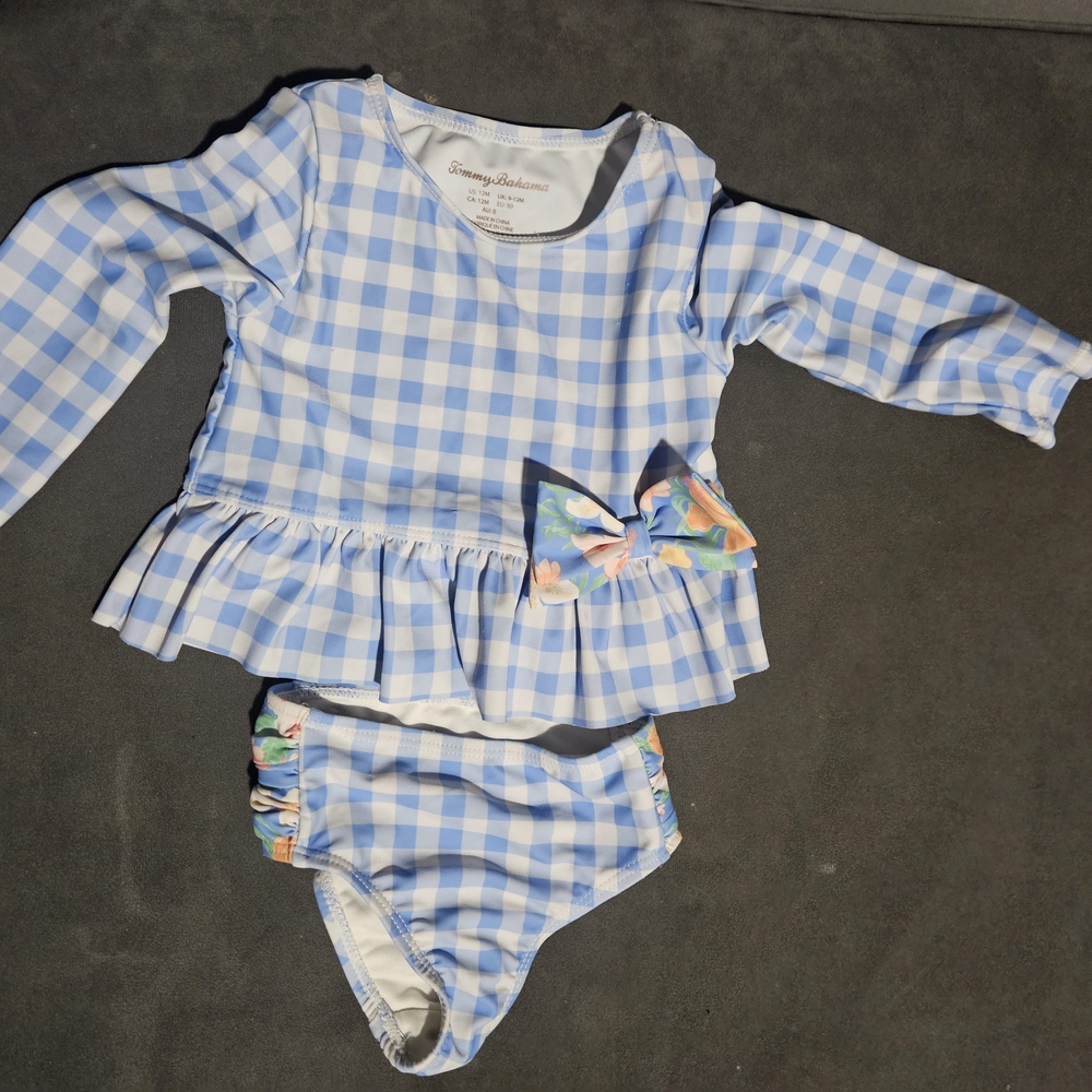 Tommy Bahamas Blue & White Gingham Long Sleeve Swimsuit Set 12 Months